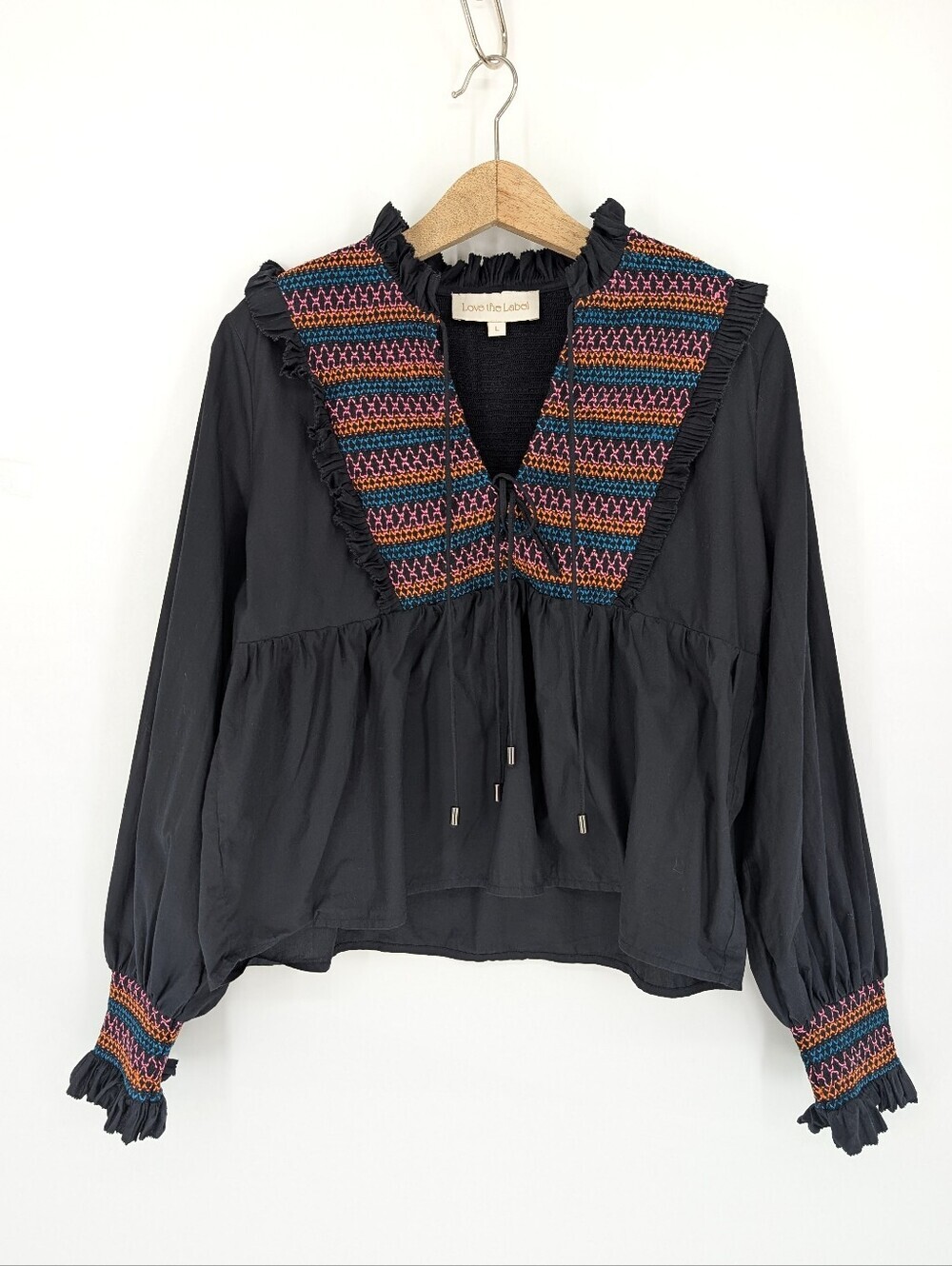 Love The Label Anthropologie Smocked Blouse Black 100% Cotton Top Large Boho